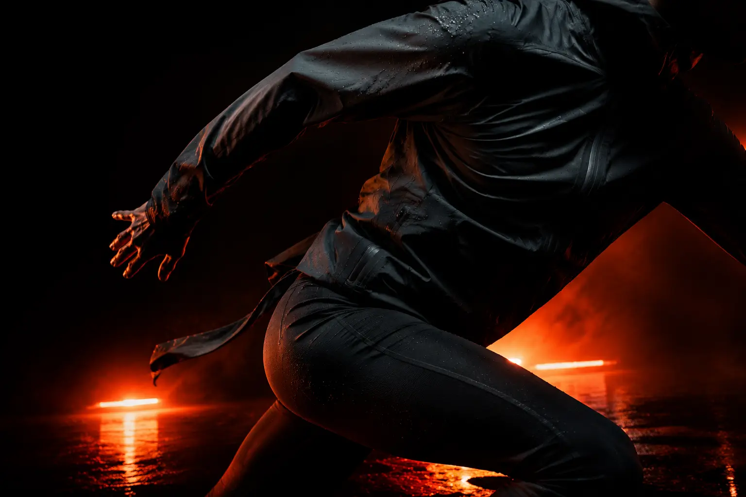 Schwarze Performance-Textilien in dramatischem orangefarbenem Licht